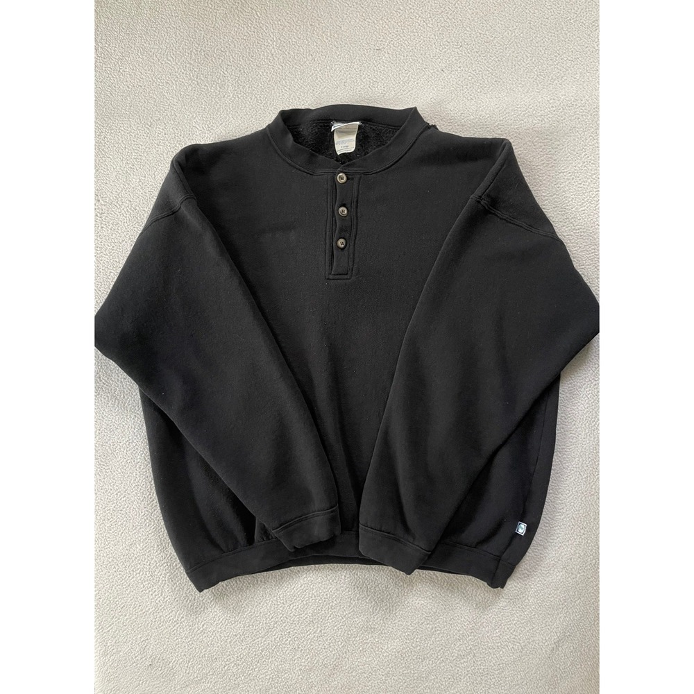 90s Discus Athletic Mens X-Large Sweatshirt Black Henley Pullover Fleece Vintage